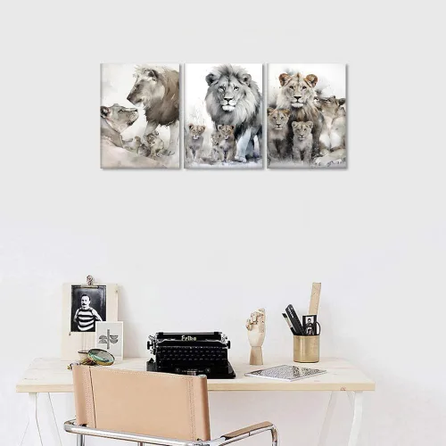 Vista 2 de 3 piezas modernas de lienzo de león de animales salvajes, pinturas de retratos de familia de leones, decoración de pared, obras de arte de sala