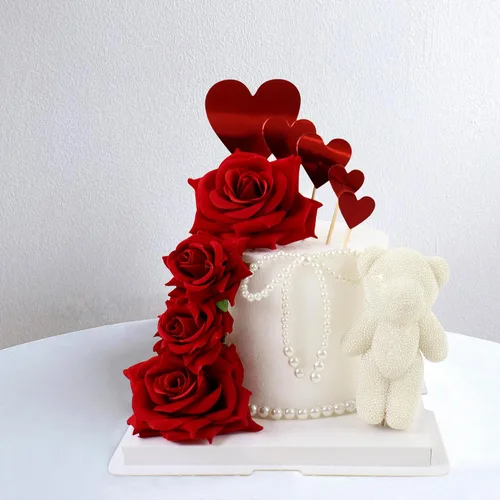 Vista 6 de Ercadio Paquete de 5 decoraciones artificiales de rosas rojas para tartas, rosas 3D, decoración de tartas para amantes, cumpleaños, día de San