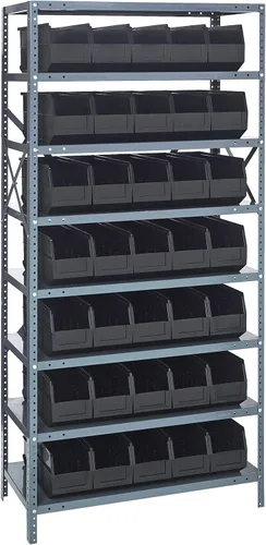 Vista 242 de Quantum QSBU-245BK Heavy Duty Shelving Unit with (7) Shelves and (24) QUS245 Black Bins for Garage Warehouse Storage Distribution 400 lb Load