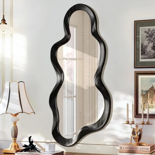 Vista 19 de Espejo asimétrico para decoración de pared, grande, moderno, ondulado, con marco de madera, espejo de pared con forma única montado en pared