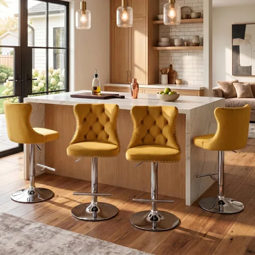 Vista 308 de SoarFlash Juego de 2 taburetes de bar tapizados de terciopelo moderno con patas de madera, botones acolchados, cabeza de clavo cromada, asiento