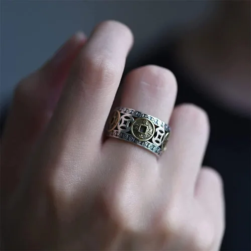 Vista 5 de Anillo de cobre Wufu con moneda de cinco emperadores, anillo de plata con índice retro de la suerte, anillo vintage ajustable para hombres