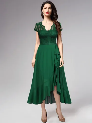 Vista 4 de Miusol - Vestido largo elegante para mujer, con volantes, encaje y cuello en V, ideal para damas de honor