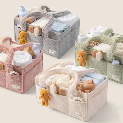 Vista 9 de Organizador de pañales para bebé Sweety Fox con asa - Canasta portátil de Sherpa para guardería - Organizador de pañales para automóvil, canasta