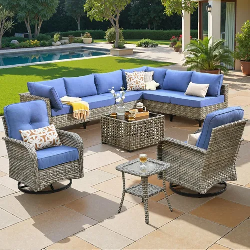 Vista 52 de ovios Muebles de patio de 8 piezas con hoguera, juego de conversación de mimbre de ratán para exteriores con mesa de centro brillante, cómodo sofá