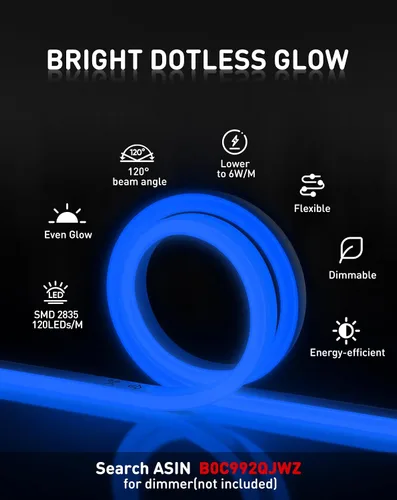 Vista 2 de Shine Decor luces LED de cuerda AC 120V, tira de neón eco de 120 LED/m sin puntos, conectable y cortable, impermeable IP65 y resistente al clima Azul