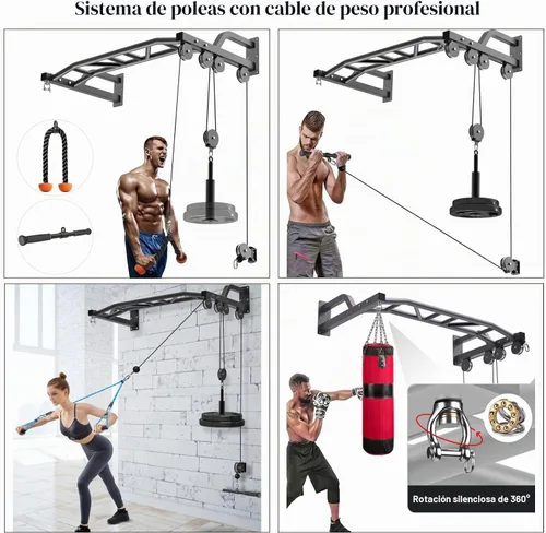 Vista 3 de SELEWARE Barra de dominadas de alta resistencia de 48 pulgadas, soporte de pared, barra multifunción con sistema de polea de cable de gimnasio