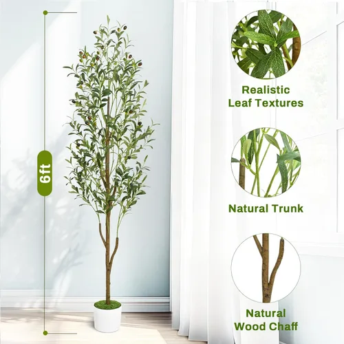 Vista 3 de Waipfaru - Árbol de olivo artificial de 6 pies para interiores con maceta y Verde