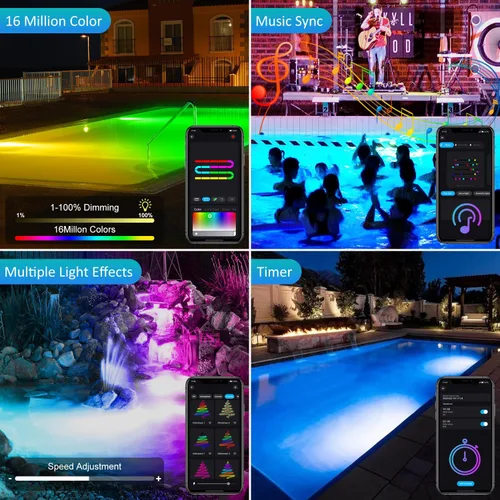 Vista 5 de T-SUN Luces de estanque de colores con aplicación y control remoto – Luces LED brillantes sumergibles bajo el agua, IP68 impermeable foco de paisaje