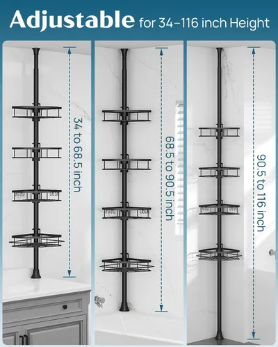 Vista 2 de SEIRIONE Estante de Ducha Esquinero con Barra de Tensión, Organizador de Ducha de Baño a Prueba de Óxido, Estante de Baño Ajustable de 4 Niveles