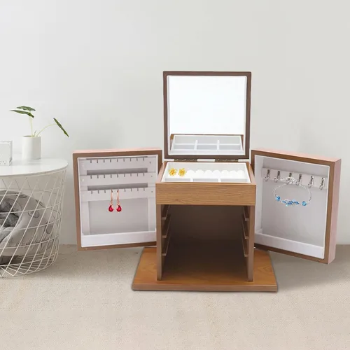 Vista 4 de Joyero multicapa de madera, caja de almacenamiento grande, organizador de joyería, collar, caja de almacenamiento con espejo para niñas y mujeres, 5