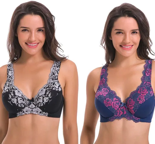 Vista 18 de Curve Muse Brasier reductor sin forro con aros para mujer con bordado de encaje, paquete de 2