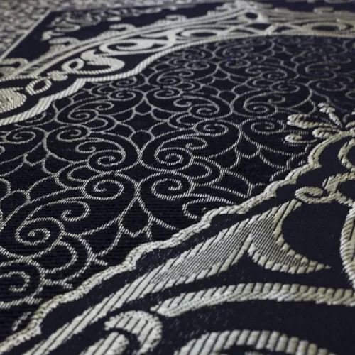 Vista 8 de Modefa Alfombra de oración de chenilla tejida musulmana, otomana negra + azul Felpa fina y tafetán turco intrincada metalizado otomano otomano