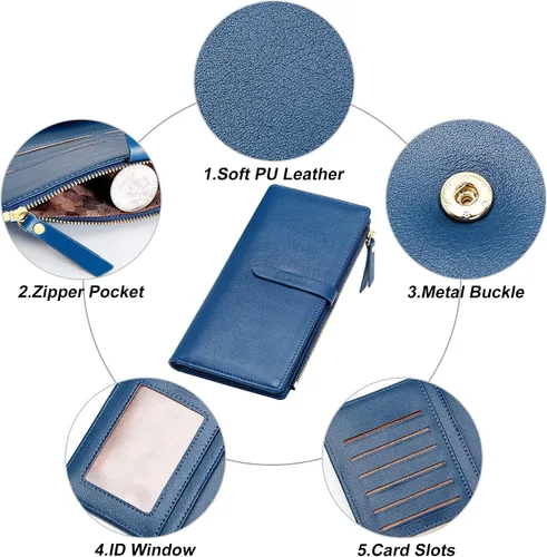 Vista 27 de Billeteras delgadas para mujer, tarjetero RFID plegable con bolsillo con cremallera, Mandala azul, Delgado