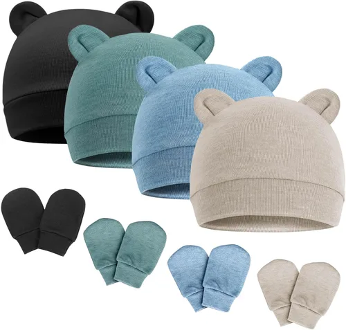 Vista 9 de Conjunto de gorro y mitones para recién nacidos con orejas de oso, gorro para bebé, gorro de hospital para bebé niño o niña, de 0 a 3 meses 4