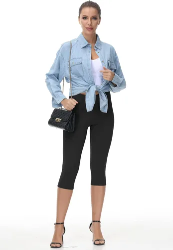 Vista 5 de Wjustforu Pantalones hasta la rodilla para mujer, leggings de entrenamiento con bolsillos, cintura alta, capris de yoga para casual verano