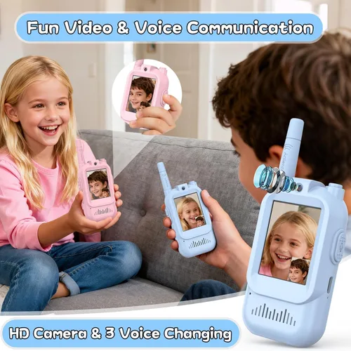 Vista 2 de Walkie Talkie para niños con video, paquete de 2 juguetes recargables para niños pequeños con cámara HD y cambiador de voz, radios bidireccionales