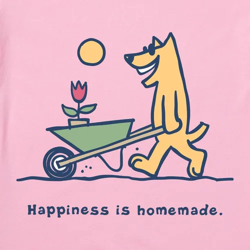 Vista 2 de La vida es buena. Playera para mujer con texto en inglés "Happiness Is Homemade", color rosa