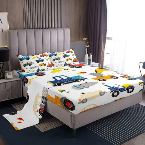 Vista 29 de Erosebridal Juego de sábanas de automóvil de dibujos animados para niños, juego de ropa de cama de camiones, tamaño individual, sábana bajera