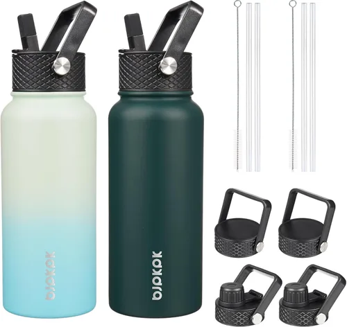 Vista 24 de BJPKPK Paquete de 2 botellas de agua aisladas con tapas con pajita, botella de agua de metal de acero inoxidable de 18oz con 6 tapas, jarras a
