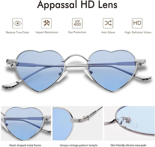 Vista 4 de Appassal Gafas de sol retro con forma de corazón para mujeres y hombres pequeños con forma de amor AP3679