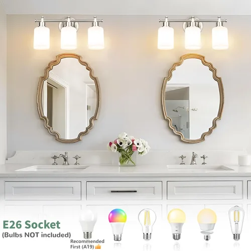 Vista 3 de Accesorio de lámpara de tocador de baño de 3 luces, lámpara compacta de níquel cepillado con pantallas de vidrio esmerilado blanco para espejo
