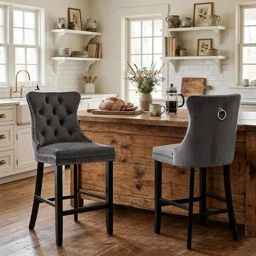 Vista 263 de SoarFlash Juego de 2 taburetes de bar tapizados de terciopelo moderno con patas de madera, botones acolchados, cabeza de clavo cromada, asiento