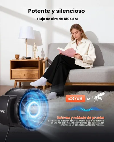 Vista 3 de VEVOR Kit de filtración de aire de 4 pulgadas, ventilador de conducto en línea de 180 CFM con controlador de velocidad, filtro de carbono y sistema