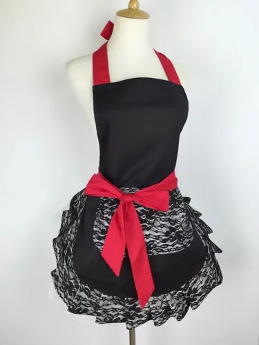 Vista 2 de Hyzrz Bonito delantal de encaje coqueto con bolsillo, divertido delantal retro sexy de cocina para mujeres y niñas (negro)
