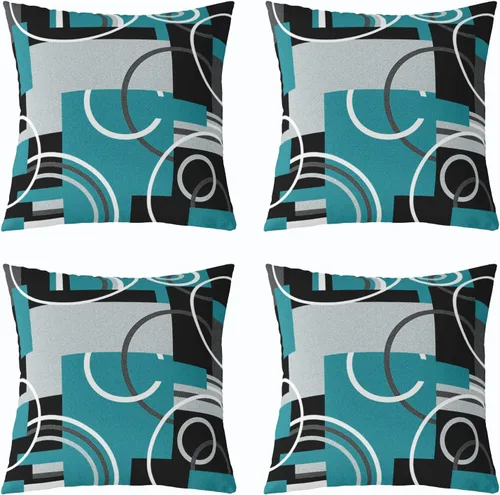 Vista 20 de Juego de 4 fundas de almohada geométricas modernas de turquesa con rayas en gris, negro y azul, cojines decorativos con espirales circulares retro