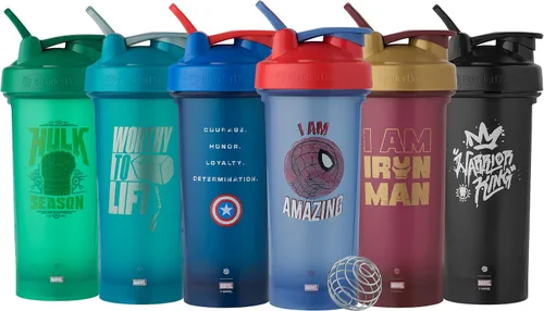 Vista 6 de BlenderBottle Marvel Classic V2 Botella mezcladora perfecta para batidos de proteínas y preentrenamiento, 28 onzas, Iron Man Rey Guerrero