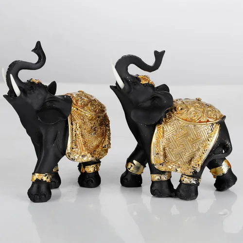 Vista 6 de Juego de decoración de elefante de la suerte con troncos – Feng Shui resina negro y dorado pareja elefante figuritas – Par de estatuas de elefantes