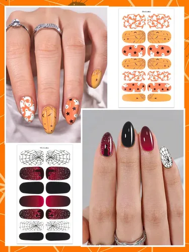 Vista 5 de EBANKU 14 calcomanías adhesivas de esmalte de uñas de Halloween, lindos murciélagos fantasmas, telarañas, tiras de uñas de esqueleto, con lima