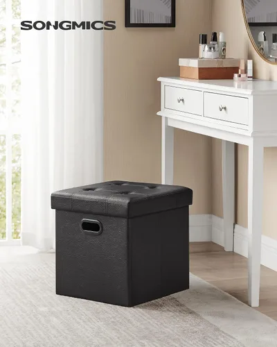 Vista 2 de Otomana plegable por Songmics, cubo de almacenamiento de 15 pulgadas con agujero y asa, piel sintética, Madera, Negro