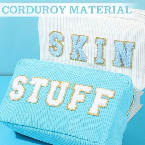 Vista 4 de Pinkunn 4 Piezas Bolsas de Maquillaje Preppy Bolsas de Chenilla con Letras de Viaje Organizador Facial Piel Cabello Higiene Cosmética Bolsa de Aseo