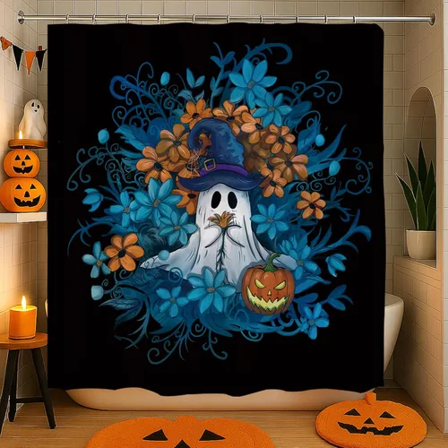 Vista 5 de GPGHE Cortina de ducha para decoración de Halloween, con 12 ganchos, 71 x 71 pulgadas