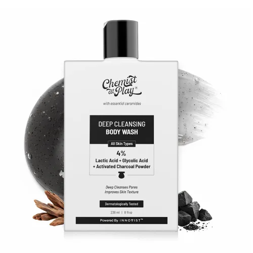 Vista 10 de Chemist at Play Gel de ducha exfoliante suave al 1% de ácido salicílico, sin parabenos ni SLS, evita el acné corporal, la piel rugosa y limpia