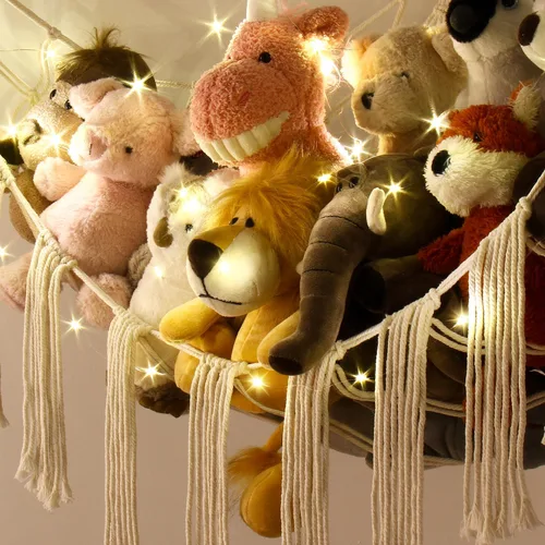 Vista 4 de RelaxScene Hamaca esquinera de animales de peluche con luz LED, hamaca de almacenamiento de juguetes, red de peluche grande, organizador colgante