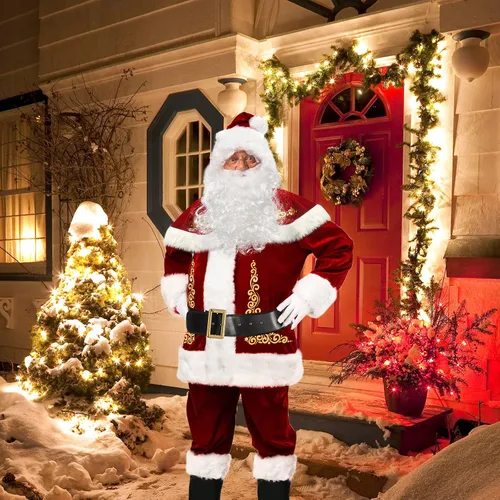 Vista 3 de XinChangShangMao Traje de Papá Noel para adultos disfraz de Papá Noel de lujo con barba y guantes Vino