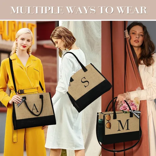 Vista 5 de YOOLIFE Regalos personalizados para mujeres, bolsa de yute con inicial y bolsa de maquillaje, regalos de cumpleaños para mujeres, mamá, esposa