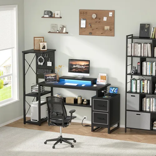 Vista 2 de Escritorio para computadora con 2 cajones de tela - Escritorio reversible de oficina en casa con toma de corriente y luces LED, escritorio