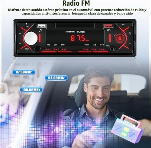 Vista 2 de CAMECHO Radio de coche Bluetooth Single DIN Audio estéreo para automóvil, audio para automóvil con manos libres Bluetooth, FM/ MP3/U disco/AUX/carga