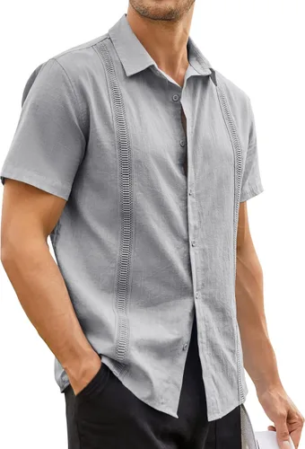 Vista 3 de Hestenve Guayabera - Camisas casuales de lino y algodón con botones de manga corta para hombre, camisa hawaiana cubana de verano, playa, trabajo