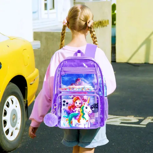 Vista 15 de Mochila transparente, aprobada por el estadio, para niñas y niños, mochila transparente de PVC resistente para mujeres y hombres