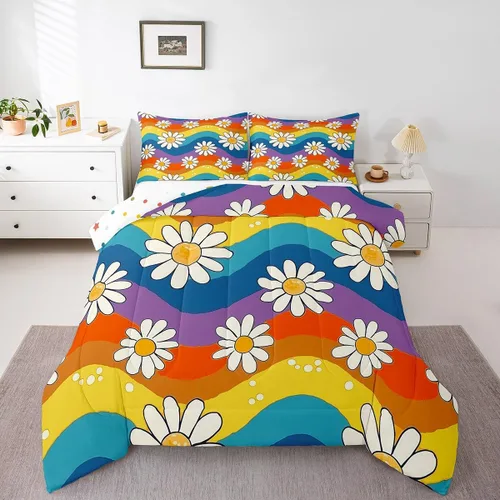 Vista 11 de Juego de ropa de cama floral retro, tamaño individual, vintage de los años 70 y 60, juego de edredón para niños, adultos y adolescentes, juego