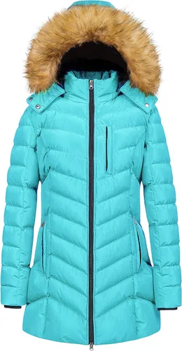 Vista 17 de CREATMO US Abrigo de invierno con capucha para mujer, impermeable, cálido, largo acolchado, parka Azul (Acid Blue)