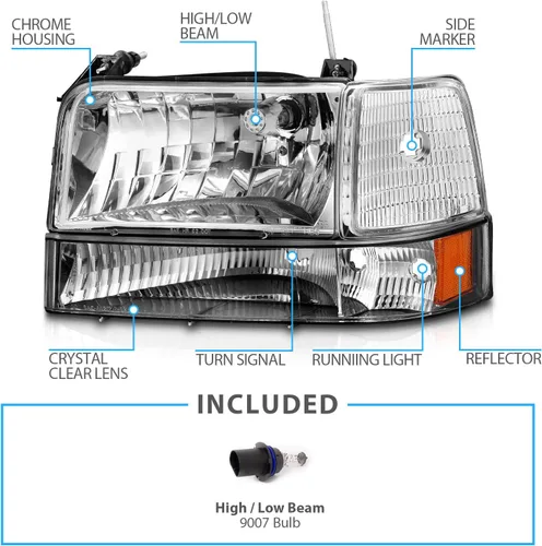 Vista 4 de AmeriLite Para Ford F150 F250 F350 Bronco Truck Chrome 1992-1996 Conjunto de faros delanteros de repuesto con juego de lámparas de esquina