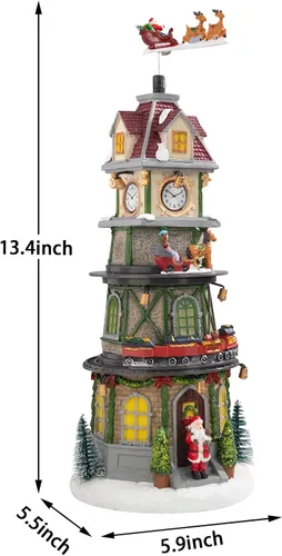 Vista 6 de Casas de Pueblo Navideño Edificios Coleccionables de Navidad Campanario con Luces LED, Pueblo de Vacaciones Navideñas Musical con USB Figuras