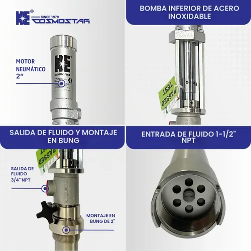 Vista 4 de COSMOSTAR Bomba de pistón neumática 1:1 para bombas de transferencia química de aceite de embalaje de teflón de tambor de 55 galones