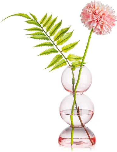Vista 11 de Glasseam Juego de 2 jarrones de flores únicos, bonitos jarrones pequeños de vidrio para flores, jarrones transparentes modernos para decoración